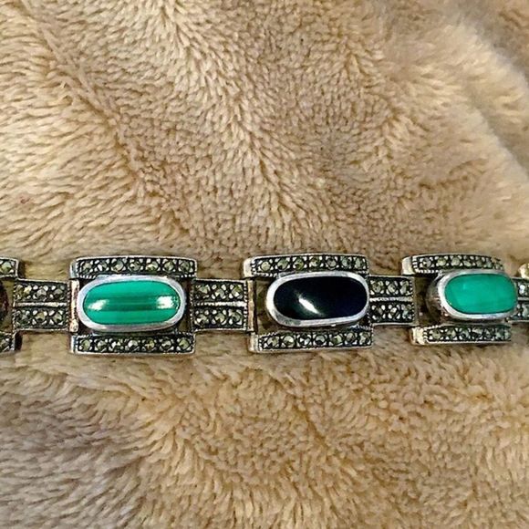 Art Deco Onyx Marcasite Malachite Sterling Silver Bracelet - Picture 6 of 13
